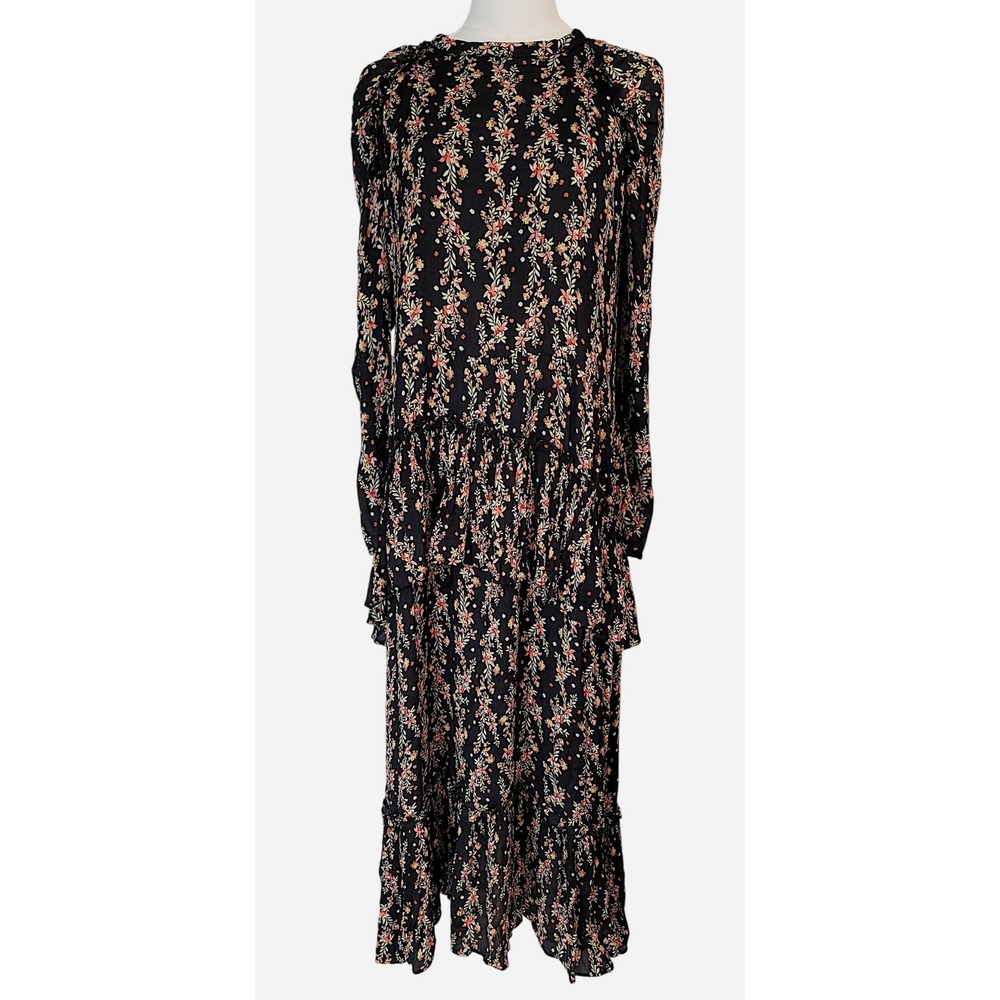 ZARA Black Floral Print Tiered Maxi Dress Puff Sleeve Ruffle High Neck - Picture 3 of 10